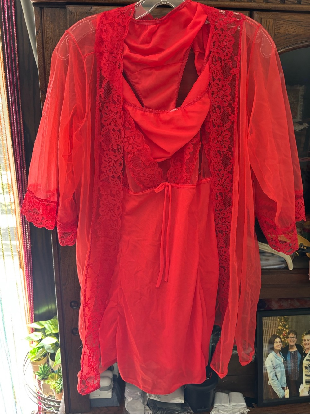 Pandora Sheer Lace-Trim Red Nightgown & Robe Set